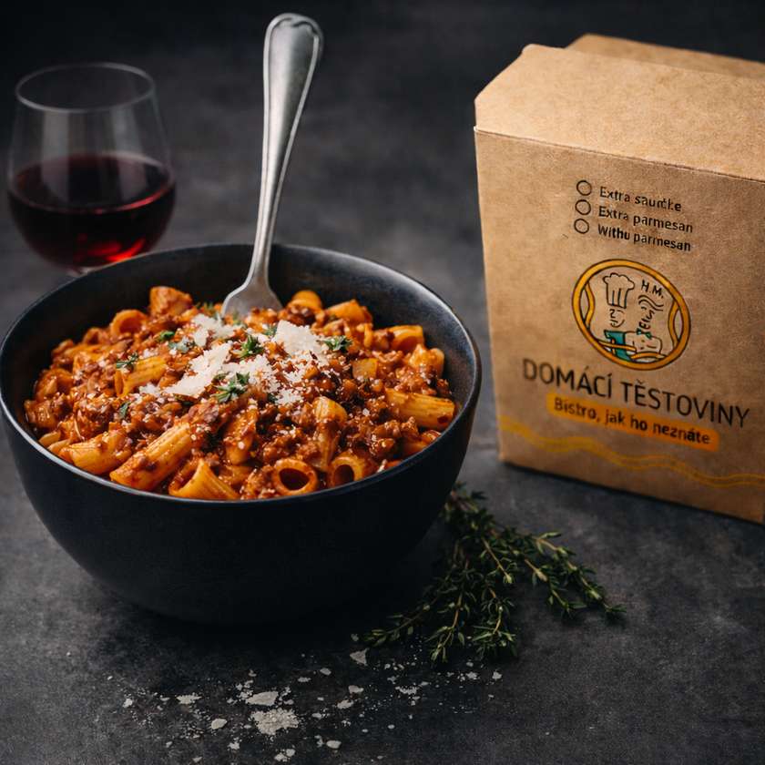 Čerstvé těstoviny s boloňským ragú na červeném víně s tymiánem a parmazánem