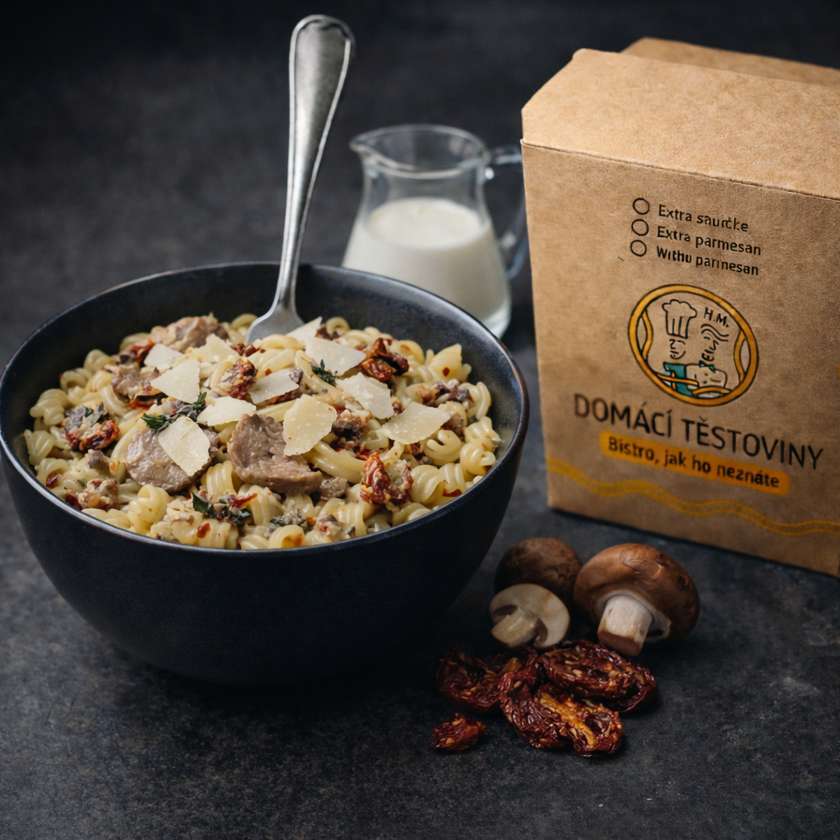 Čerstvé těstoviny s vepřovou panenkou s krémovými žampiony, sušenými rajčaty a parmazánem