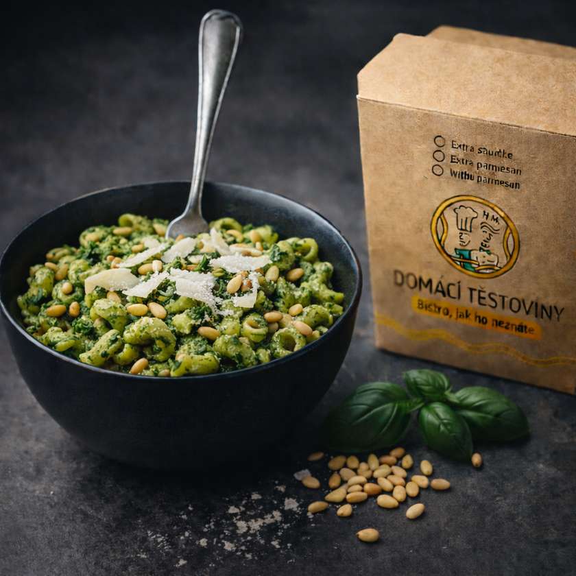 Čerstvé těstoviny s domácím bazalkovým pestem, piniovými oříšky a parmazánem