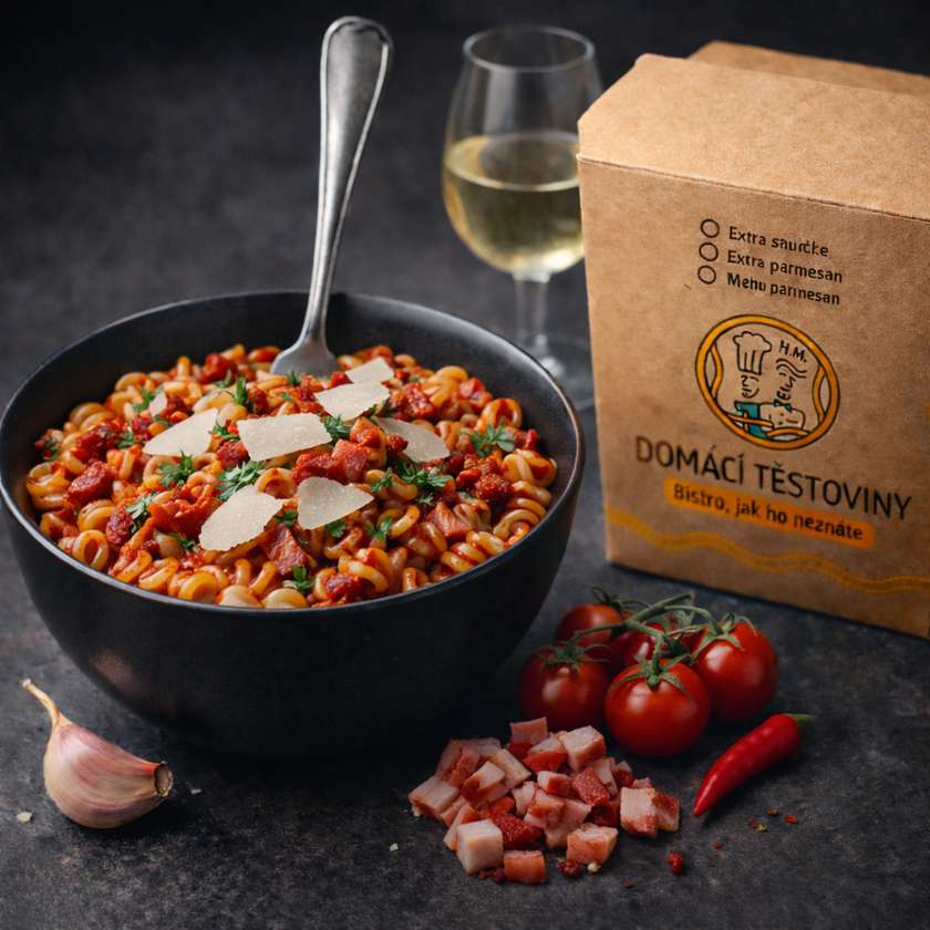 Čerstvé těstoviny Amatriciana z loupaných rajčat, pancetty, vína, česneku a chilli s parmazánem