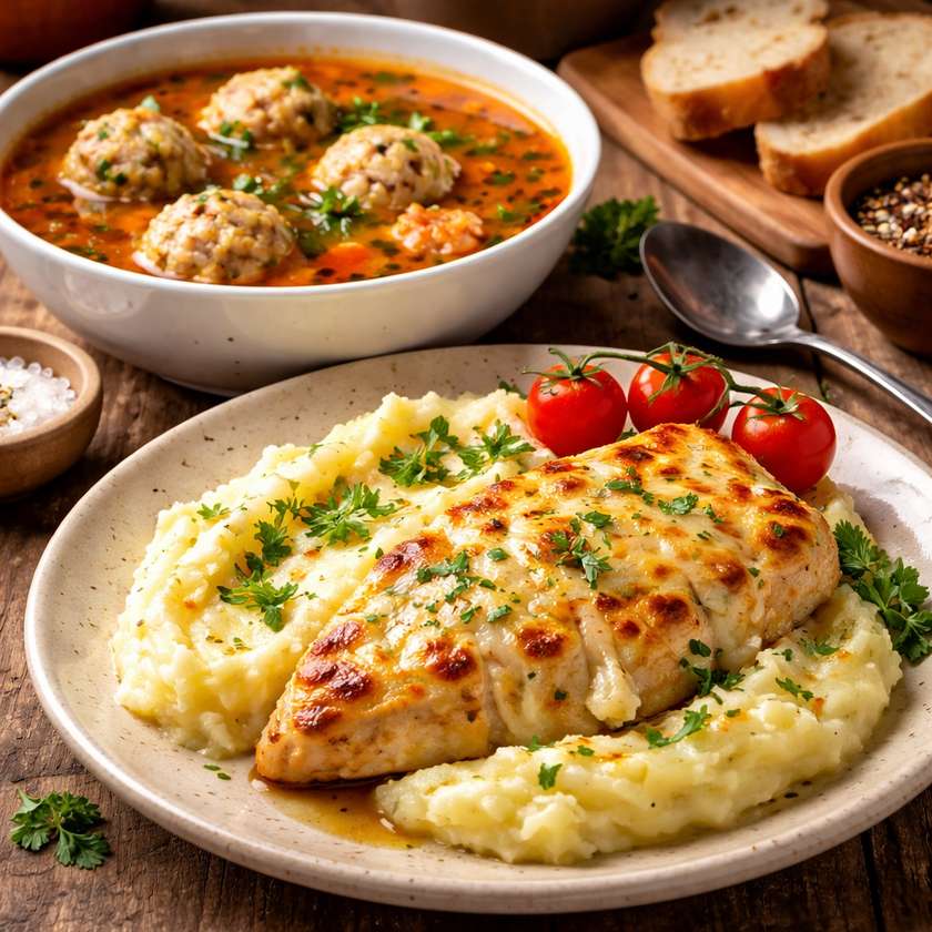 Meatball Soup and Chicken Breast au Gratin with Mashed Potatoes