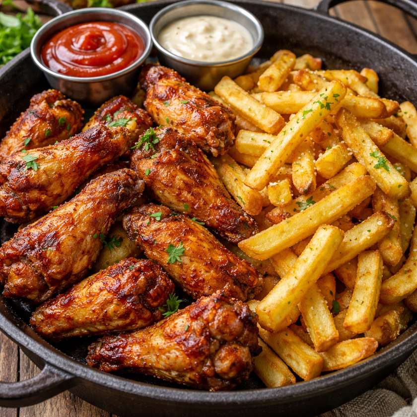 Chicken Soup with Noodles and Chicken Drumsticks Cooked in a Cauldron with French Fries