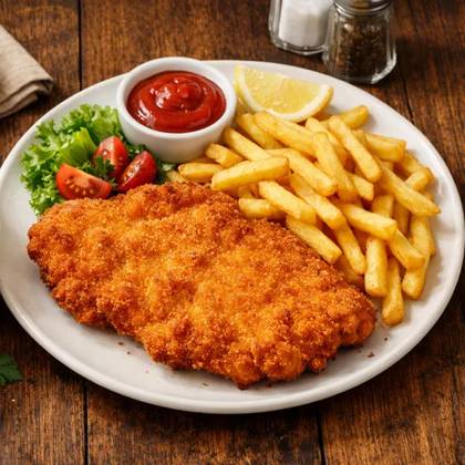 Mashed Beans and Pork Schnitzel with French Fries