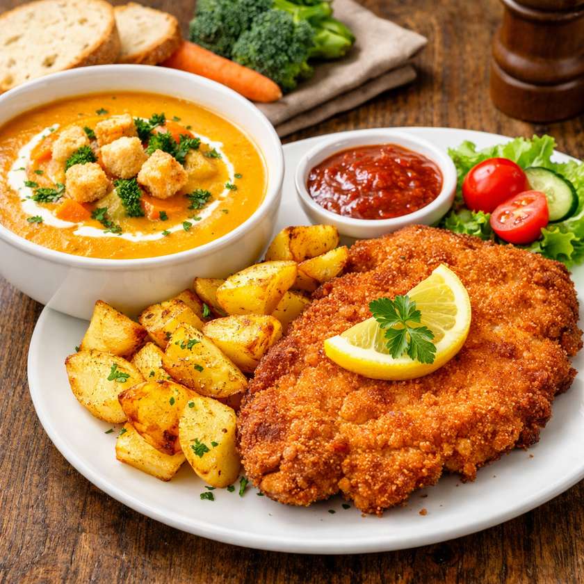 Cream of Vegetable Soup and Pork Schnitzel with Golden Potatoes