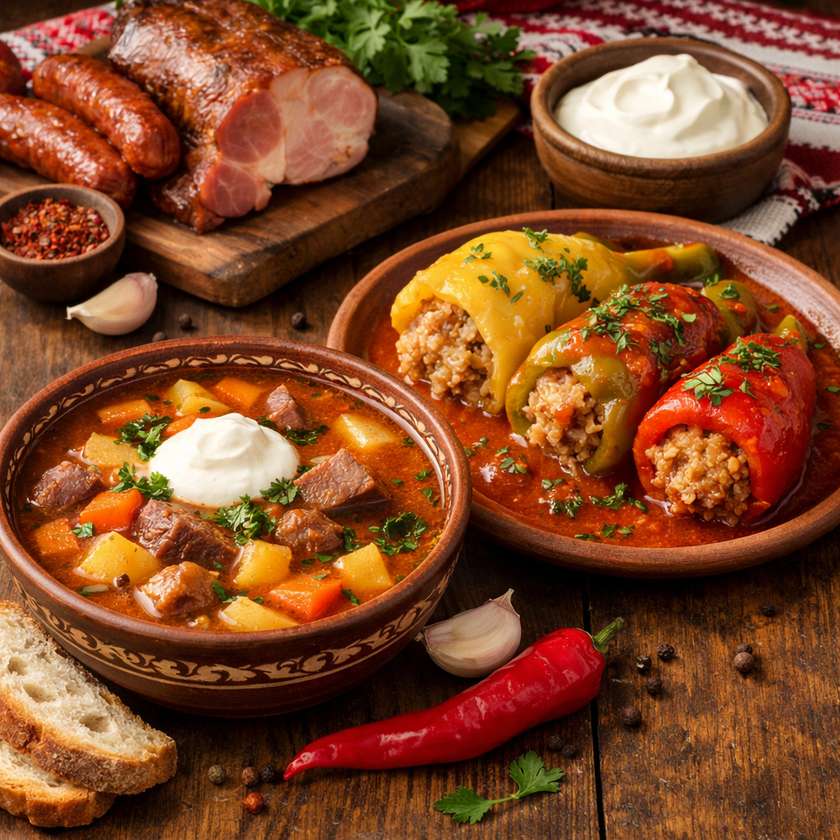 Potato and Smoked Meat Soup and Stuffed Peppers
