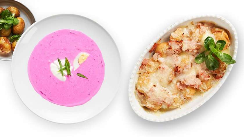 Fried dumplings with pork + Cold beetroot soup with baby potatoes