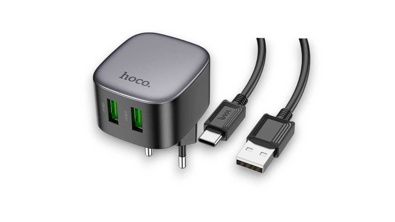 Hoco CS34A Adapter with 2 USB Ports 18W and Cable (USB to Type-C), Black, 1111111617567