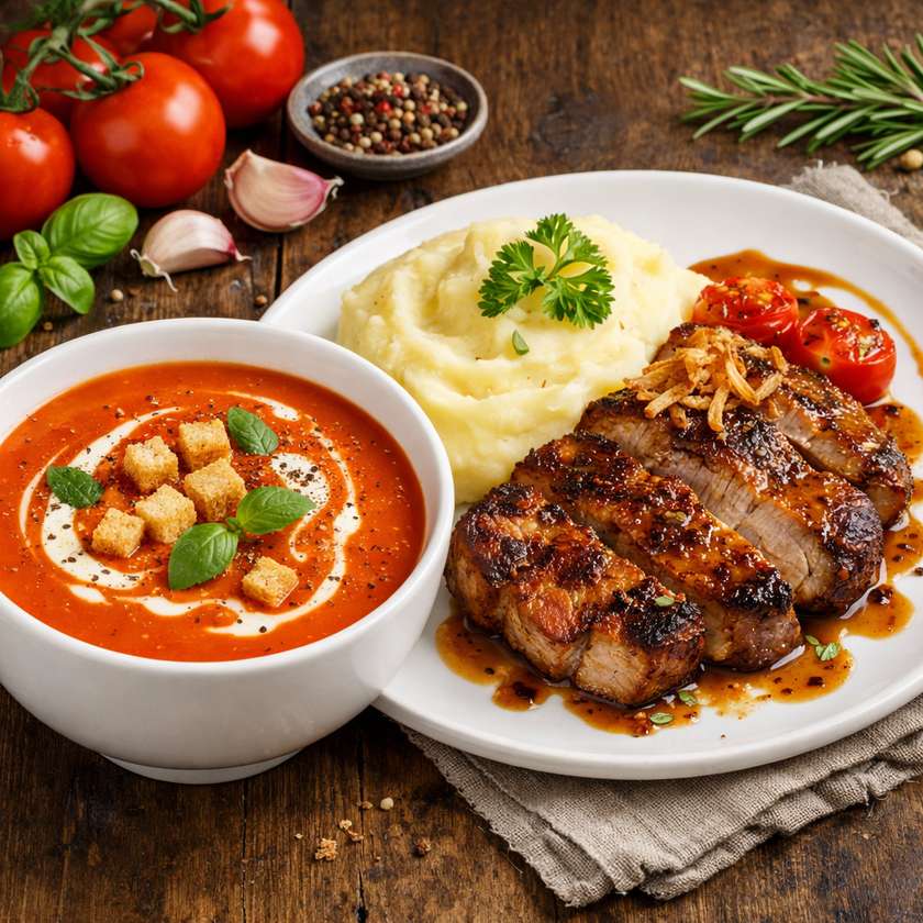 Creamy Tomato Soup and Pork Collar with Mashed Potatoes