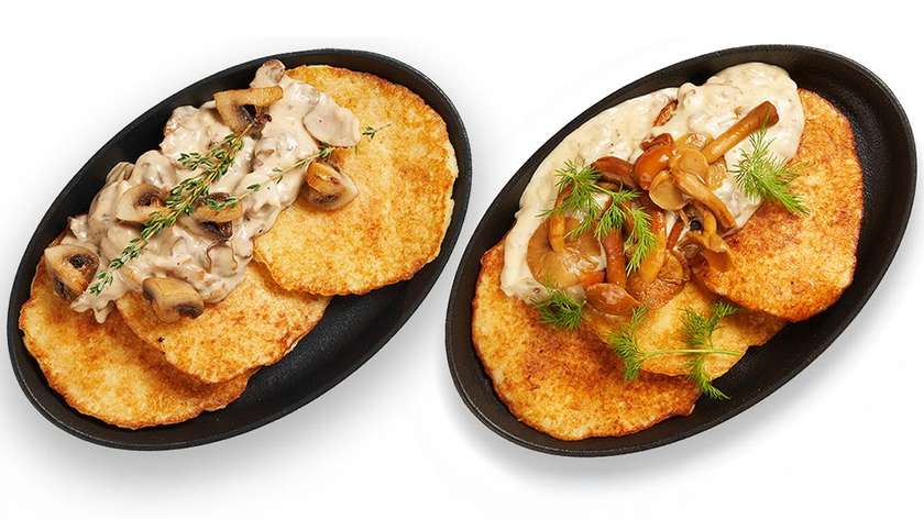 Potato pancakes with chicken and muchroom sauce+Potato pancakes with chanterelle and bacon sauce