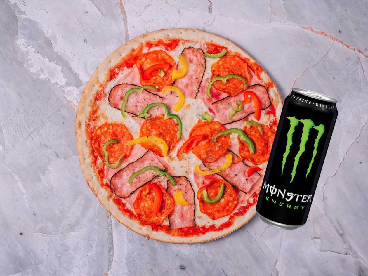 Uzeninová pizza menu  + Monster 0,5l
