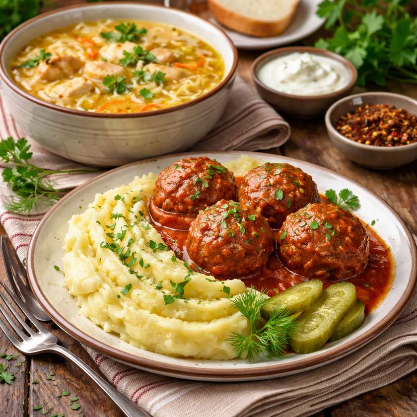 Chicken Soup with Noodles and Marinated Meatballs with Mashed Potatoes