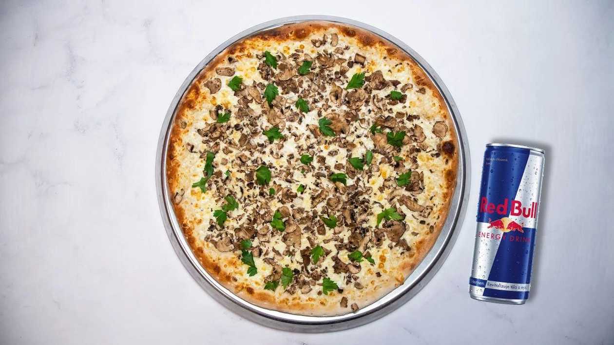 Žampiónová pizza + Red Bull