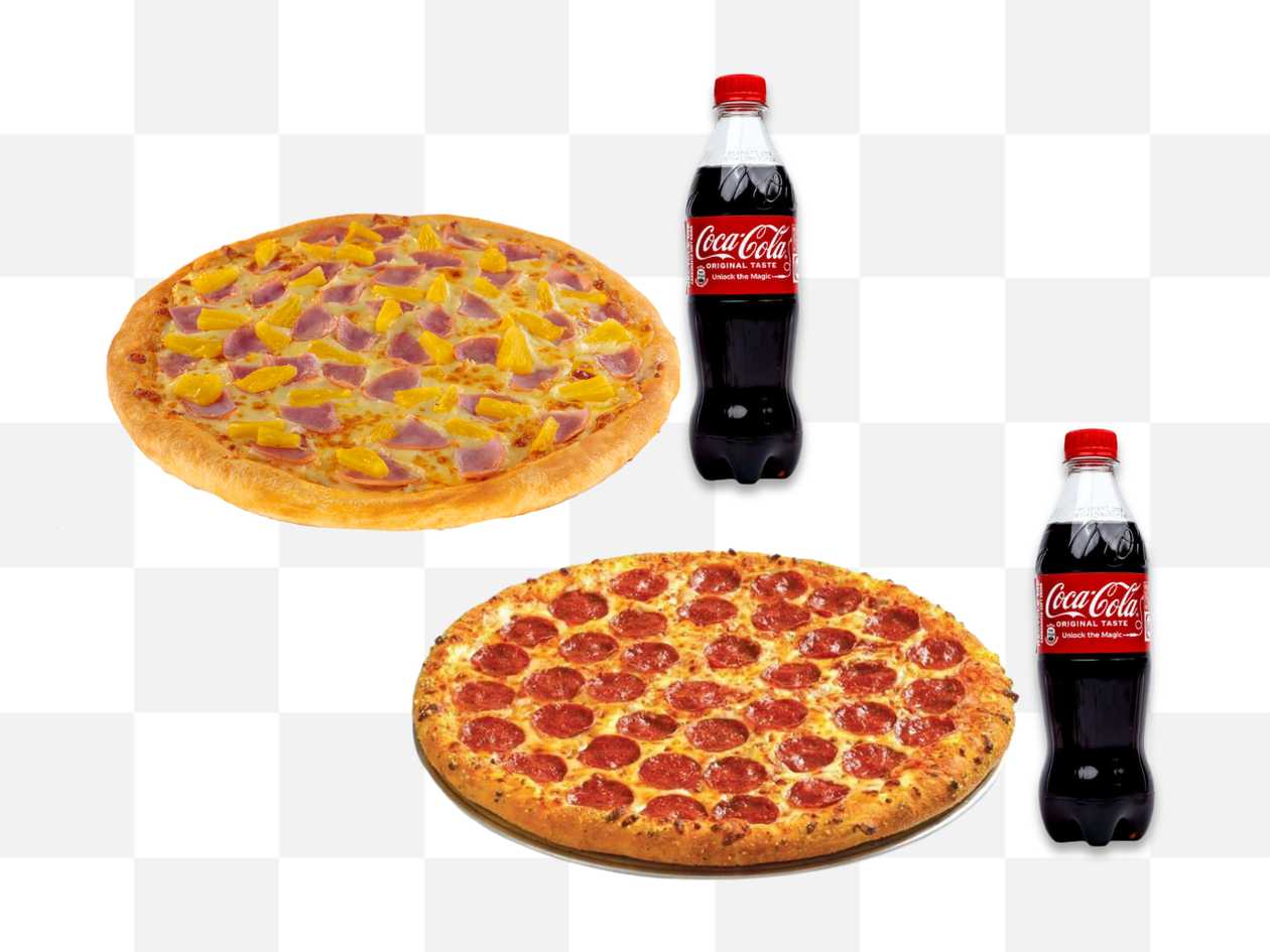 x2 Medium Pizzas (Pepperoni / Chicken Hawaiian) + x2 Soft Drinks (500ml)