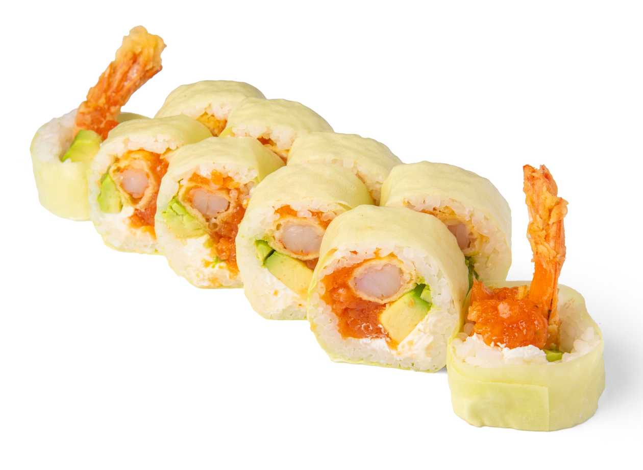 Roll krewetka w tempurze w płatku sojowym z tatarem z łososia i serkiem Philadelphia 10 szt.