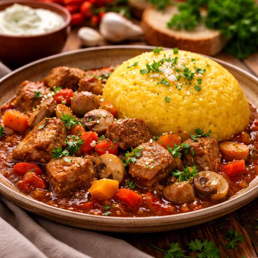 Cream of Vegetable Soup and Pork Stew with Vegetables and Mămăligă