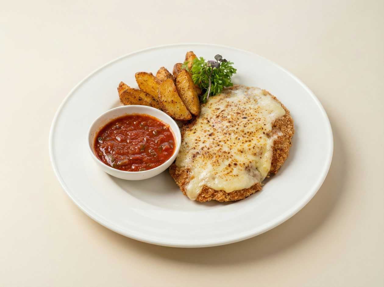 Chicken Schnitzel with Baked Cheese in Marinara Sauce
