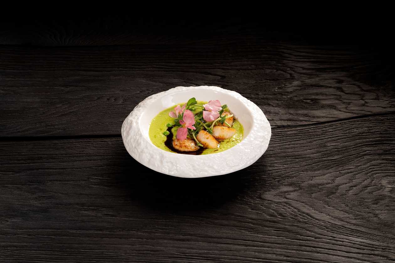 Scallops with Green Pea Cream and Balsamic Butter