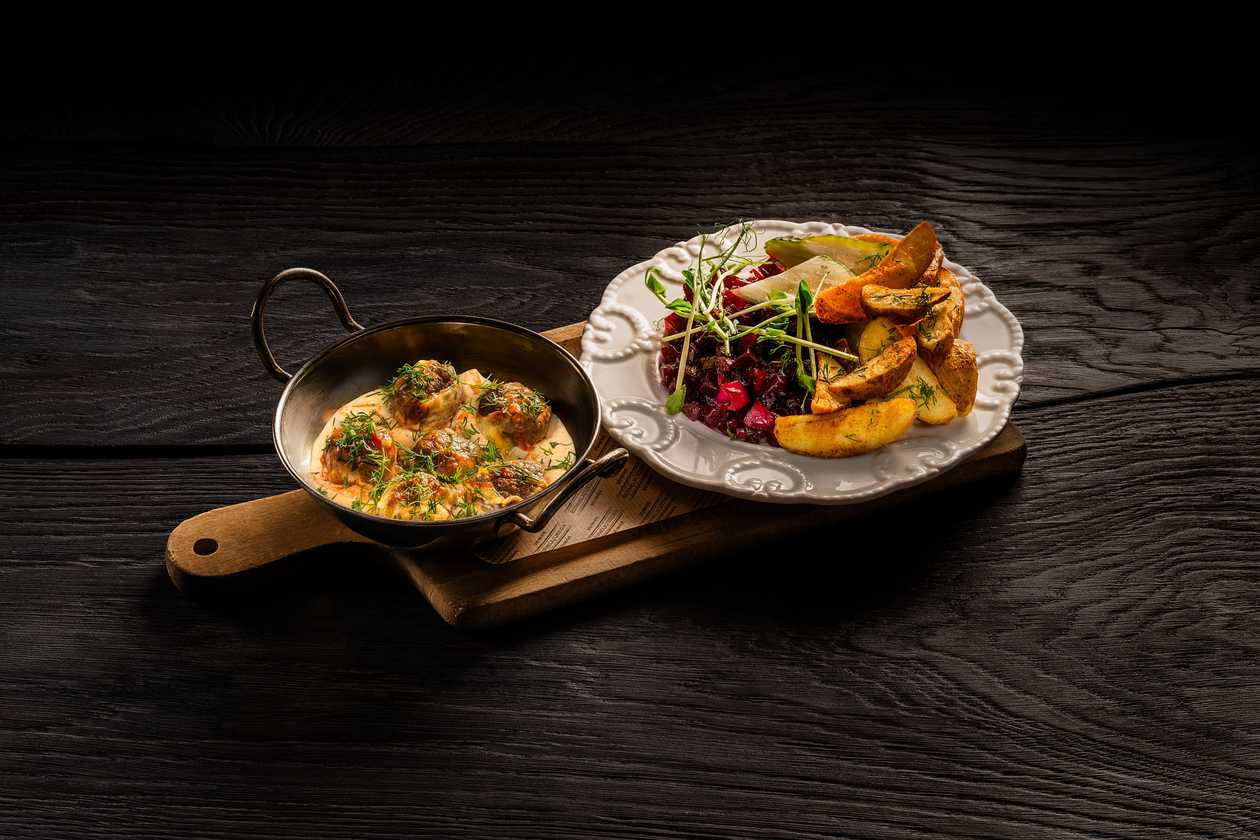 Turkey dumplings in root vegetable sauce