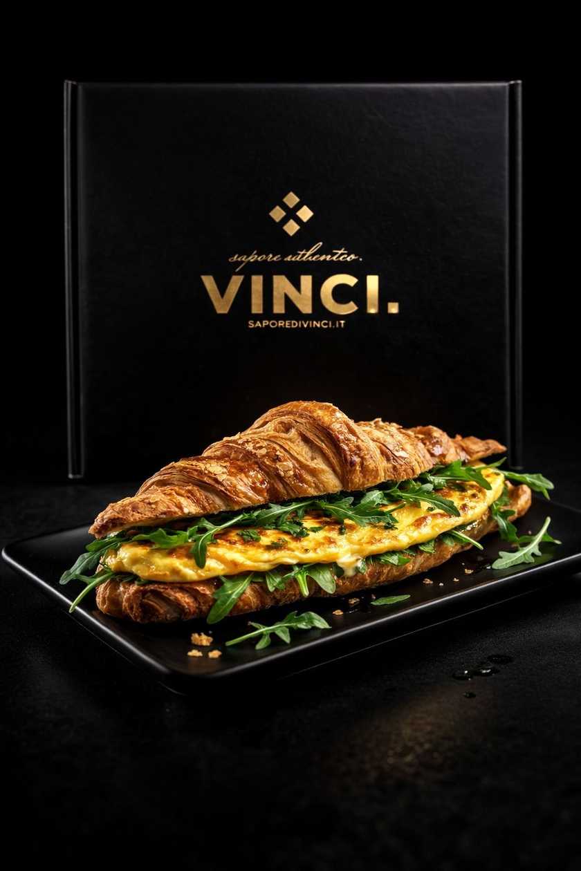 Five-grain croissant with fluffy omelet and fresh arugula