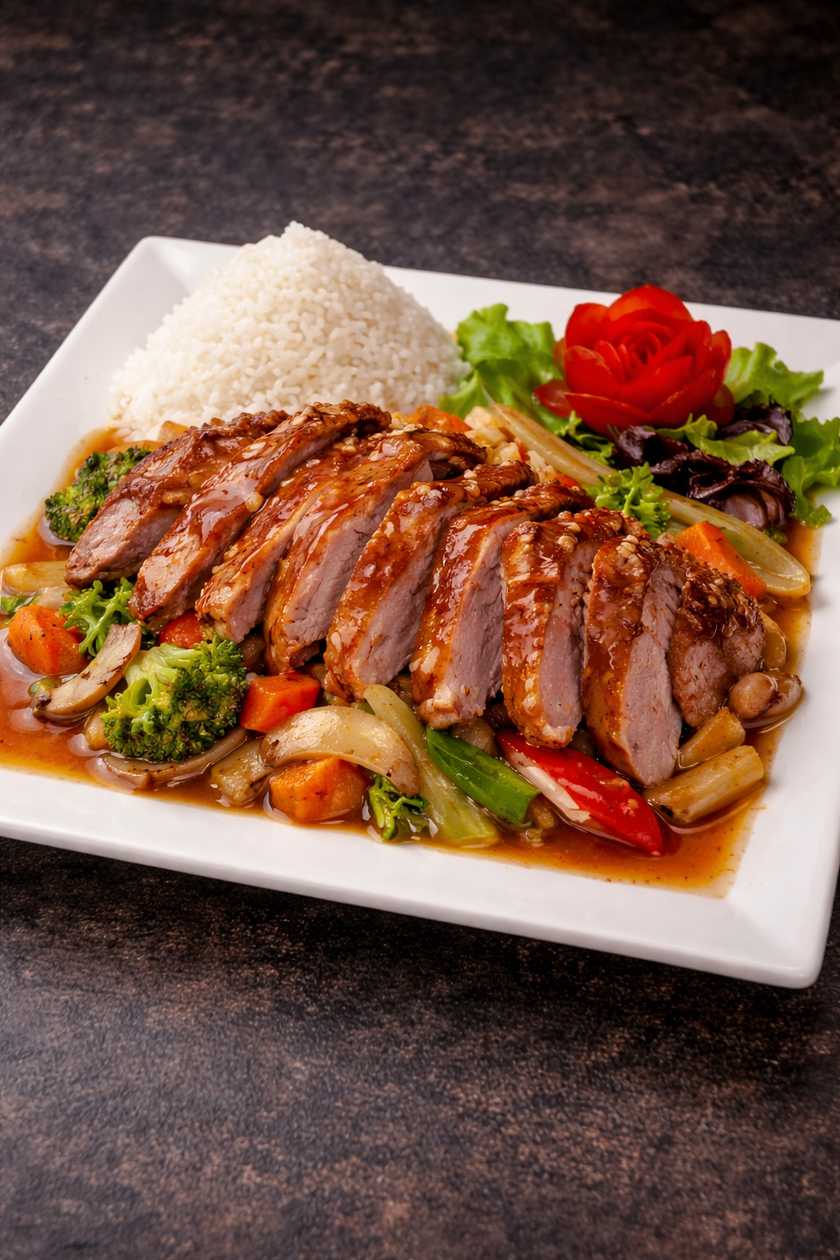 41b.Kachna sate chili restovaná se zeleninou,