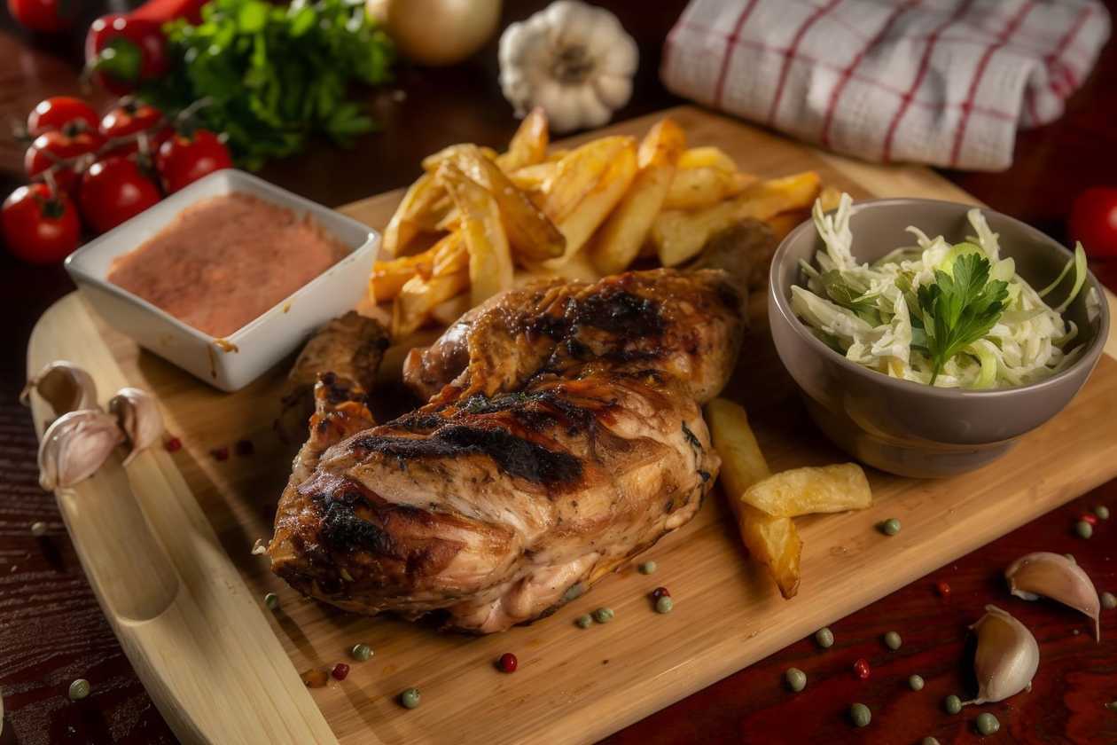 Jumătate de pui la jar cu cartofi prajiti