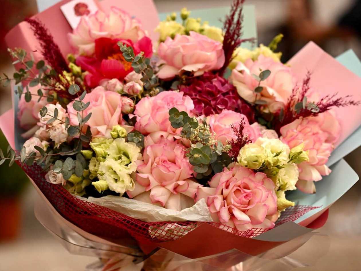 Large Bouquet of Flowers with Pink Roses, Hydrangea and Peonies