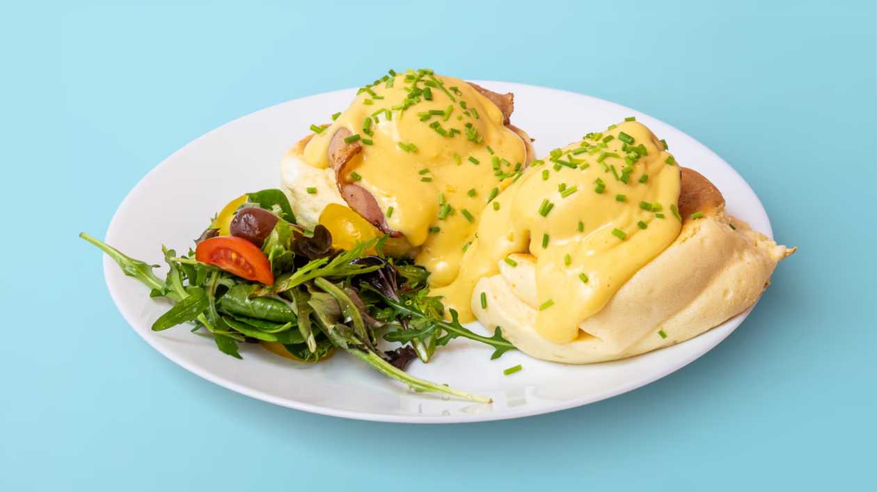Eggs Benedict Pancakes with Bacon