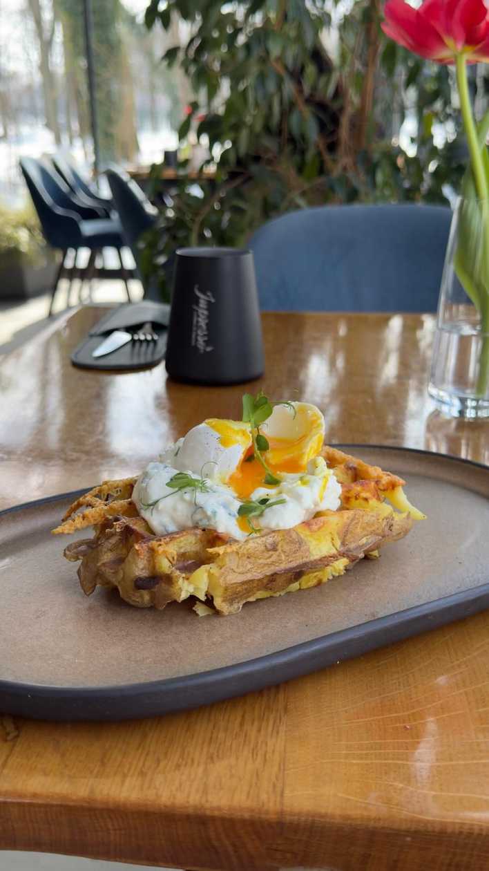Potato Waffle with Cream Cheese and Poached Egg