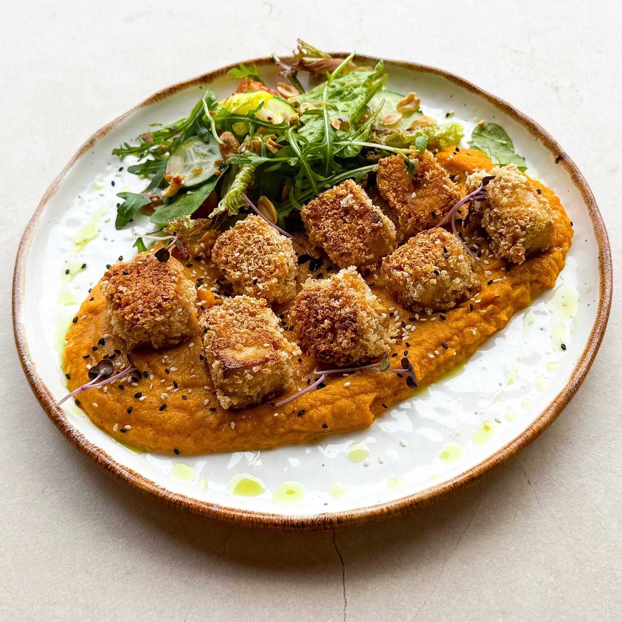 Fried tofu with sweet potato puree