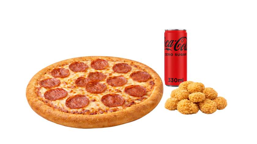 S size pizza + POPCORN Chicken + 0.33 l Drink