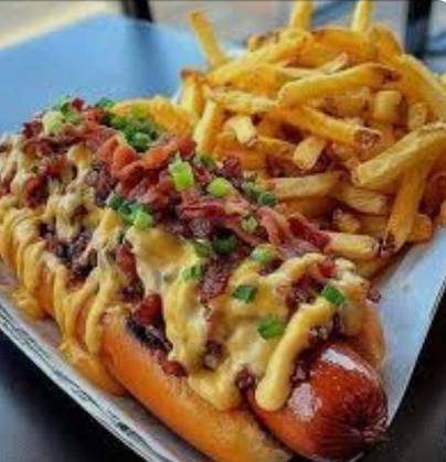 Caramelized hotdogs plus fries