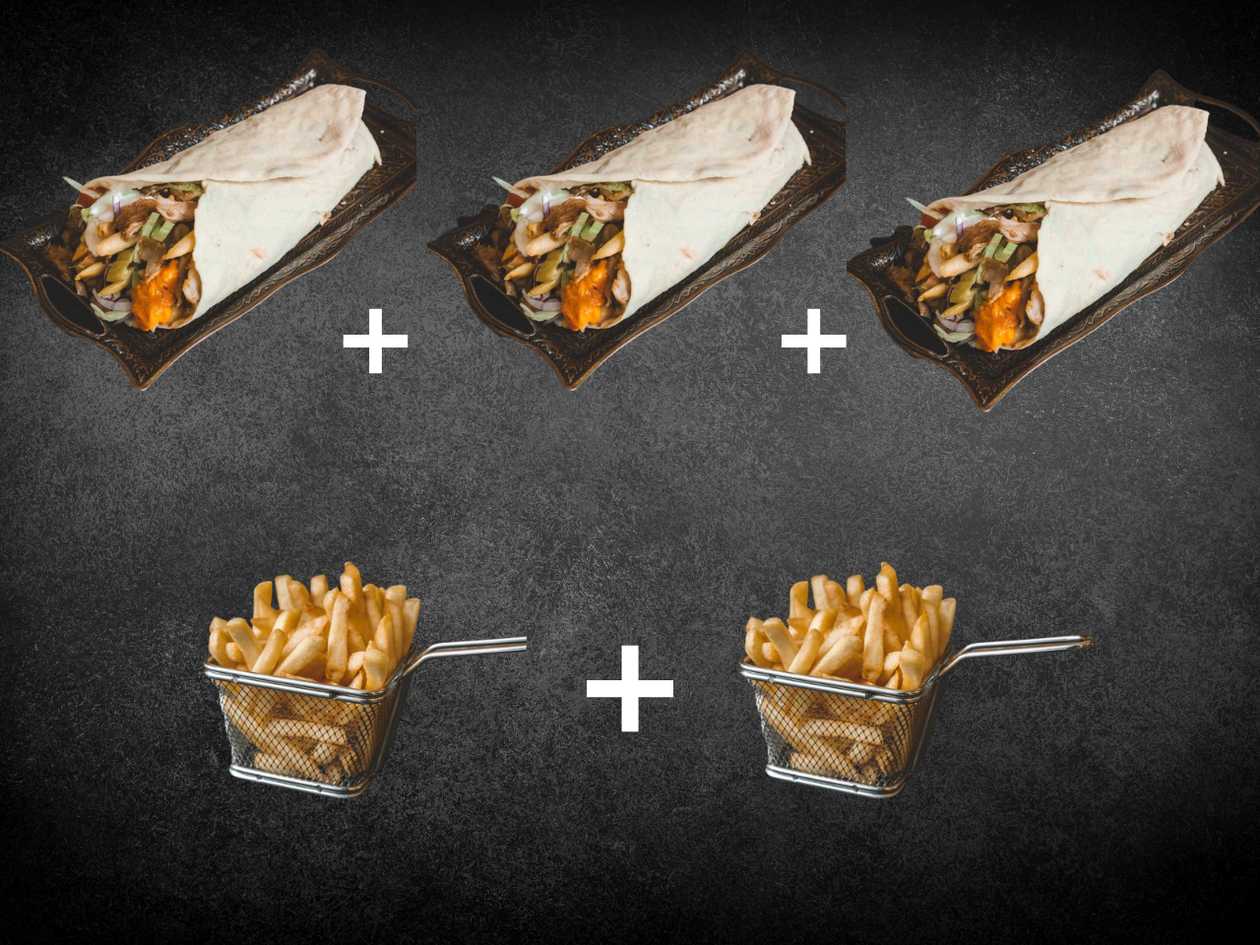 Combo 3 Mega shawarma de pui + 2 portii de Cartofi Prajit