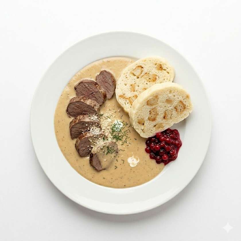 150g Divinová sviečková na smotane, brusnice, žemľová knedľa