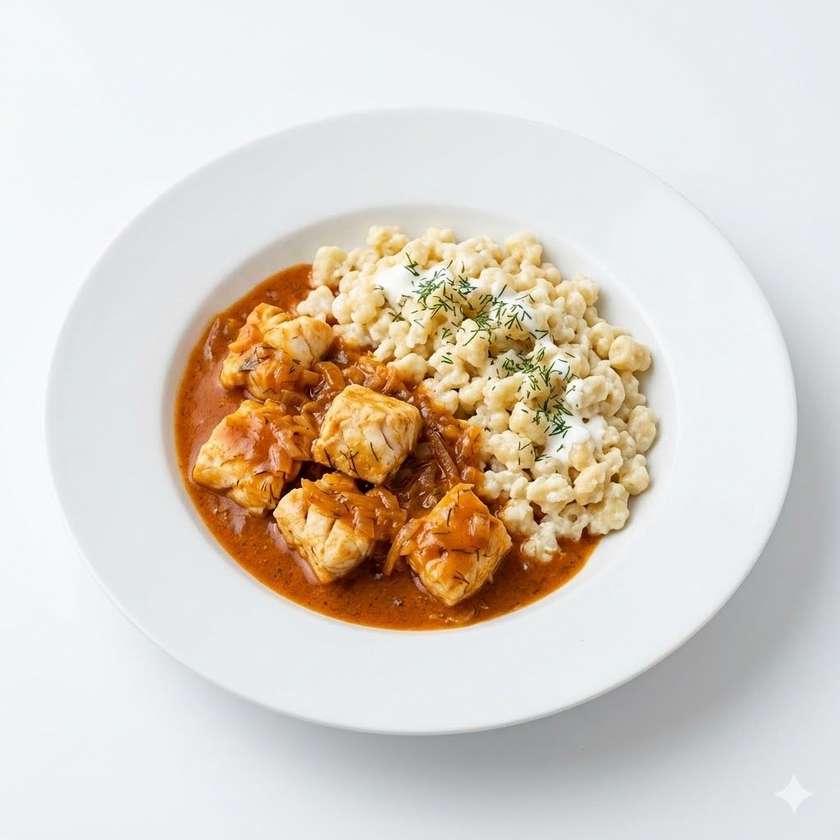 Paprikáš z morskej ryby 180g (1,3,4,7,9) s paprikovou omáčkou a cmarovými haluškami