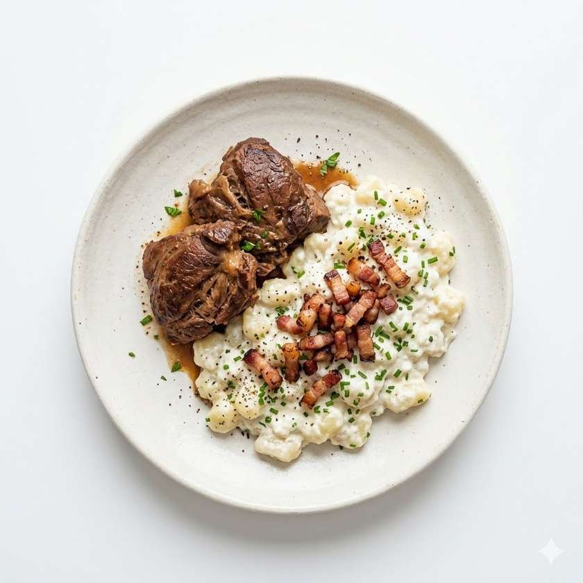 Bravčové líčka s bryndzovými haluškami 180g a slaninkou(1,3,7,9,12)