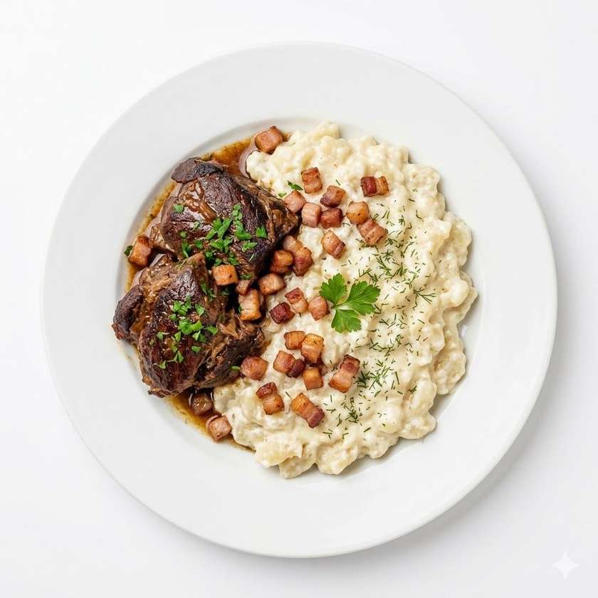 Bravčové líčka s bryndzovými haluškami 180g a slaninkou(1,3,7,9,12), bezlepková verzia