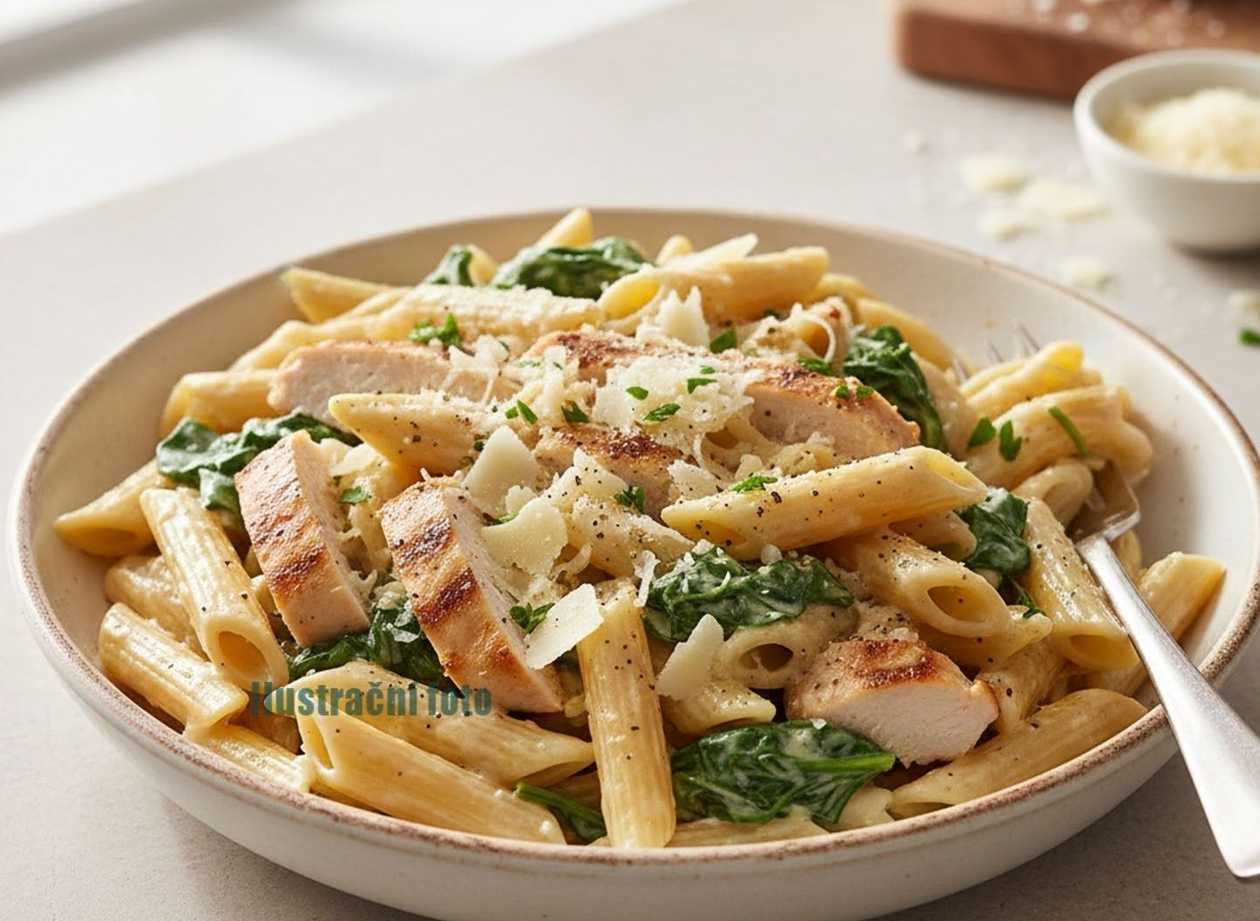 500g Penne s nivou, kuřecí , eidam, smetana, parmazán + J.P.Voda