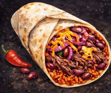 Menu:Smoky Chipotle Burrito + domáce hranolky (100g) + dresing