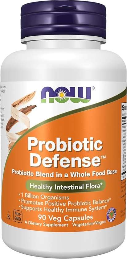 NOW PROBIOTIC DEFENSE. PROBIOTIC BLEND IN A WHOLE FOOD BASE (90 VEG CAPSULES)