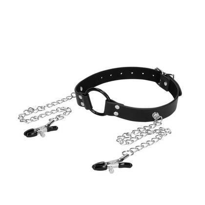 O-ring Gag with Nipple Clamps – Roubík s O-krúžkom a svorkami na bradavky 36-OU934BLK