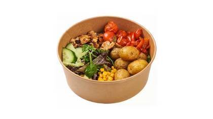 Warm chicken bowl with french fries and roasted vegetables