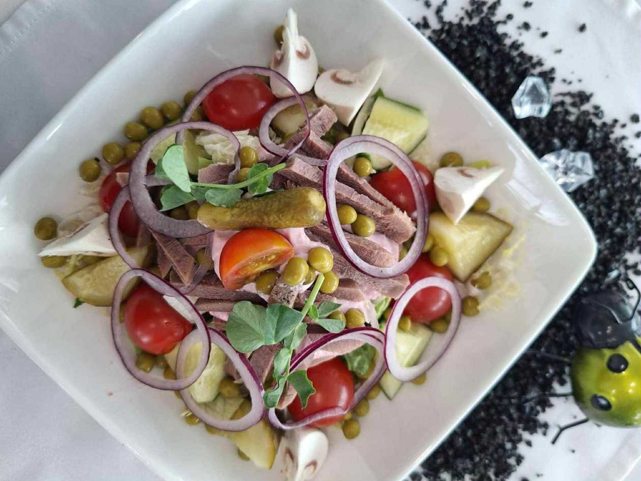 Daily Salad with Beef Tongue, Peas, Mushrooms, and Horseradish Sauce