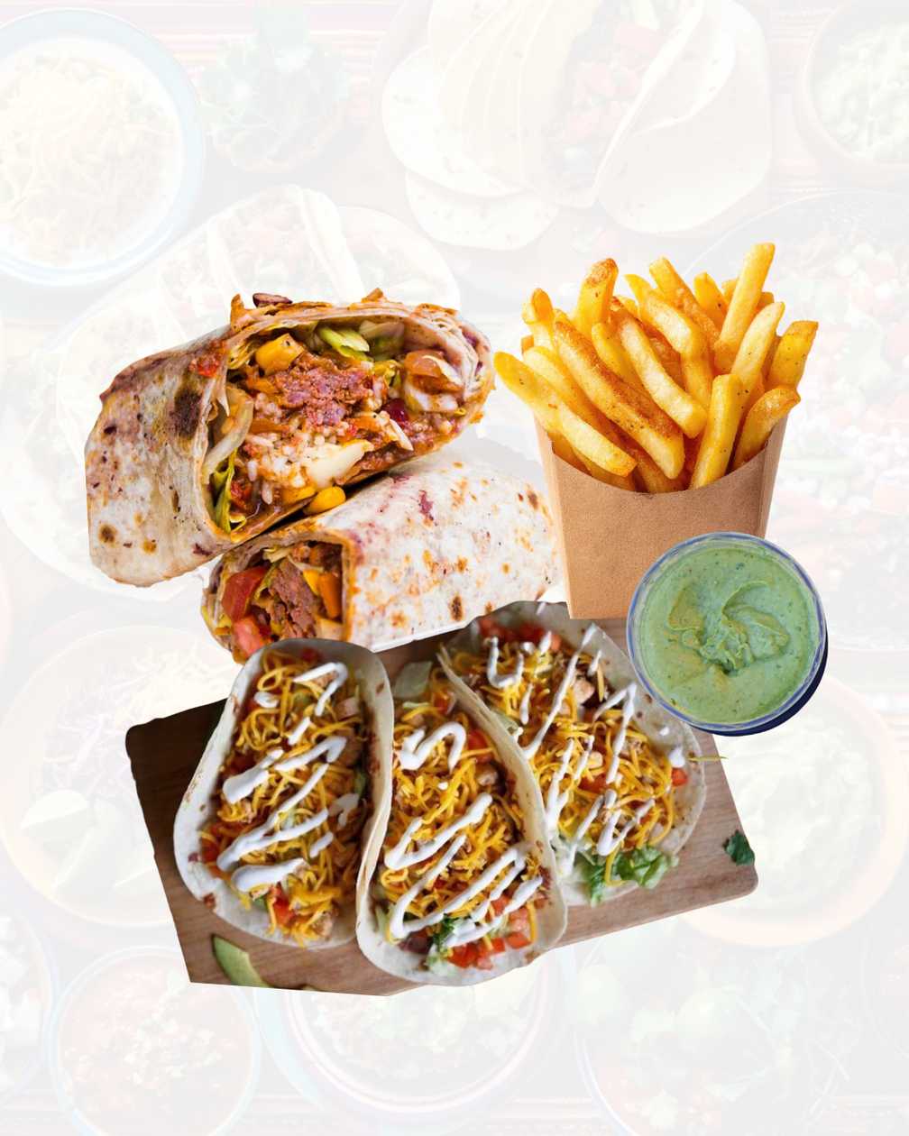 Chicken Taco 450 gr | Beef Burrito | Cartofi Prajiti 150 gr + Sos Avocado