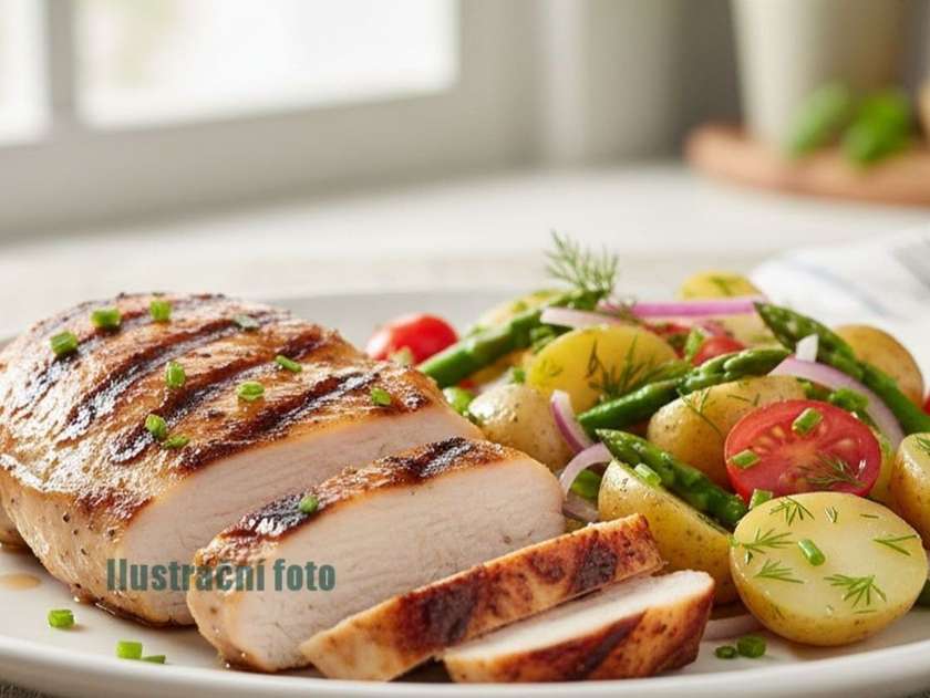 200g Kuřecí steak + pohankový salát ( zelenina, hermelín)+ jogurtový dip + miska mix ovoce