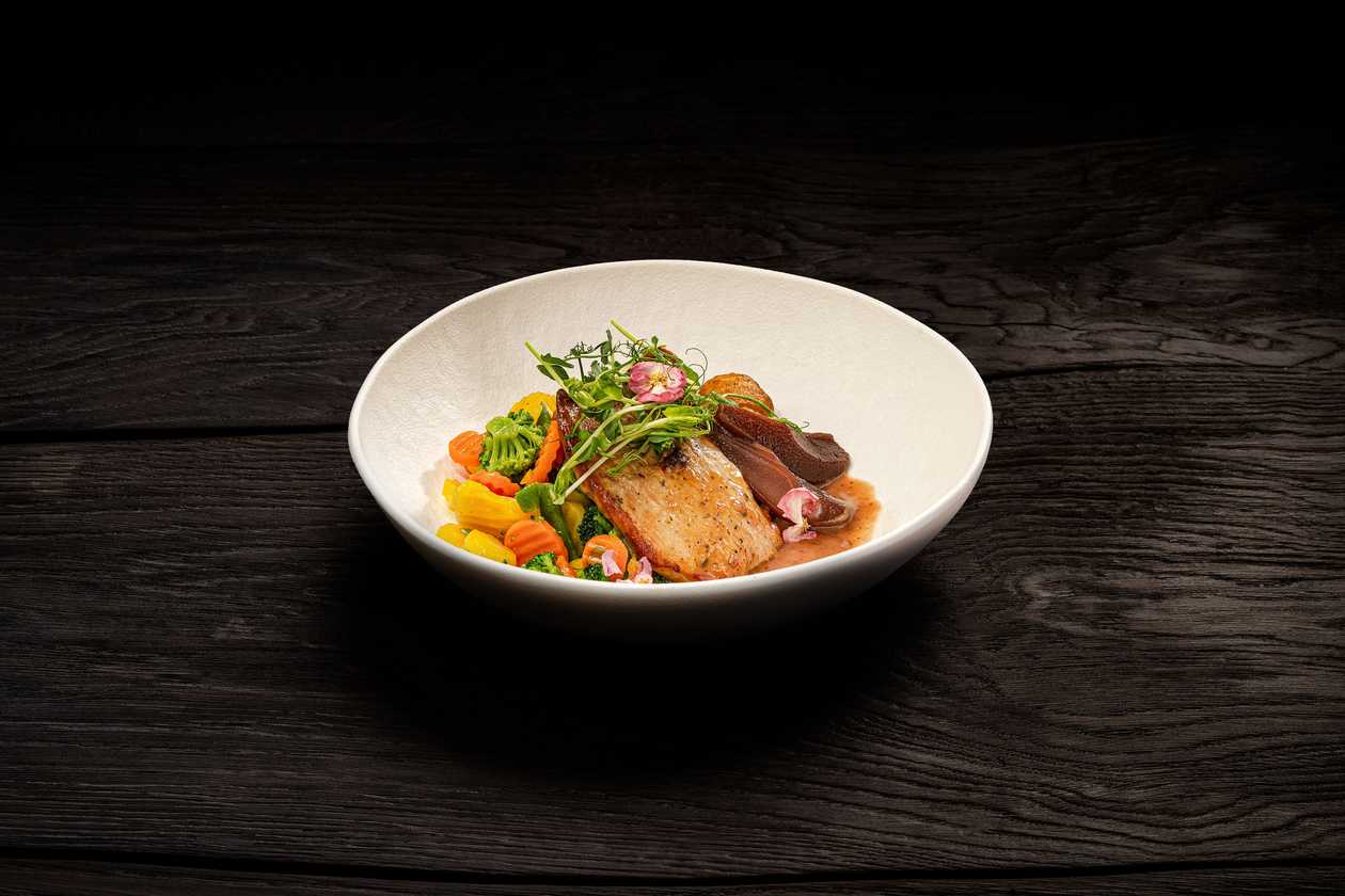 Turkey Fillet Steak with Three Cheese Filling, Lingonberry Sauce and Wine-Poached Pears