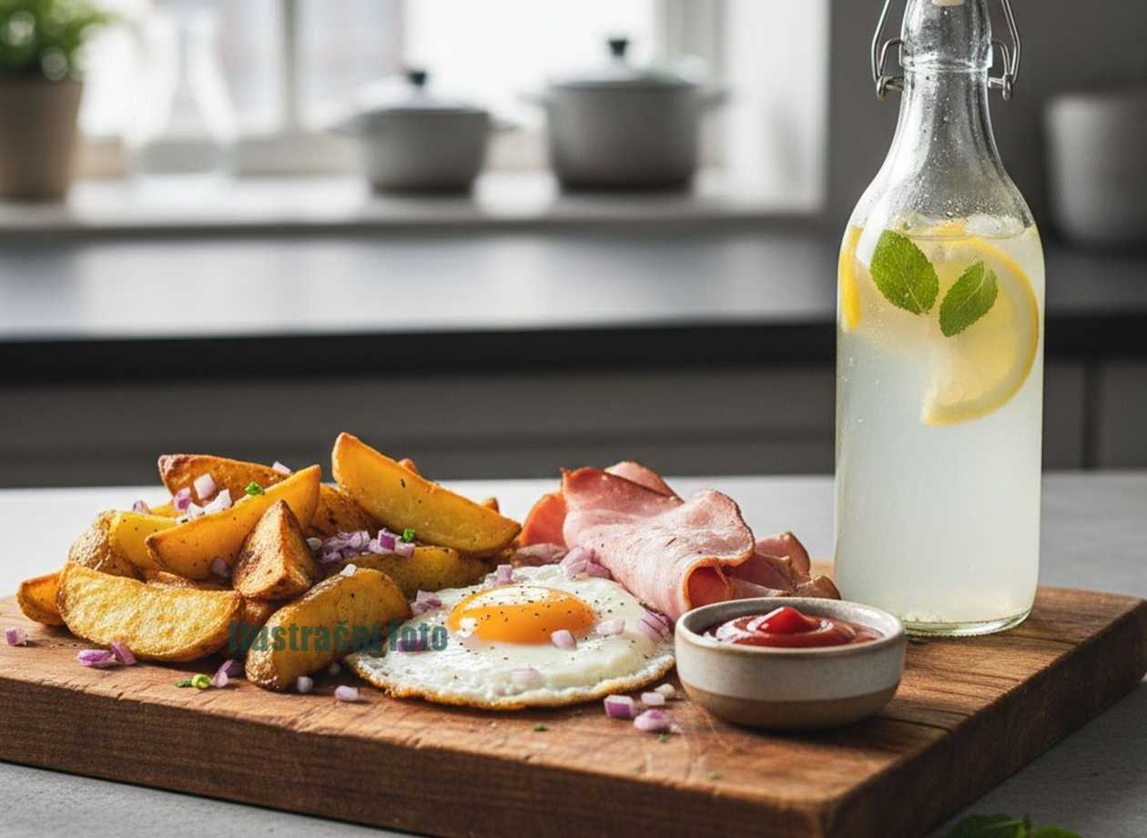 500g Sedlácka snídaně( brambor, klobáska, vejce,cibule, česnek, eidam) + miska MIX ovoce