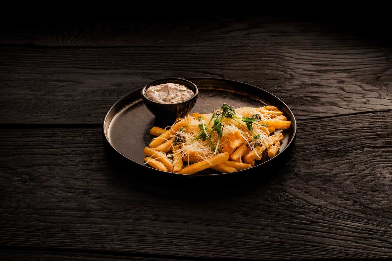 French Fries with Truffle Mayonnaise and Hard Cheese