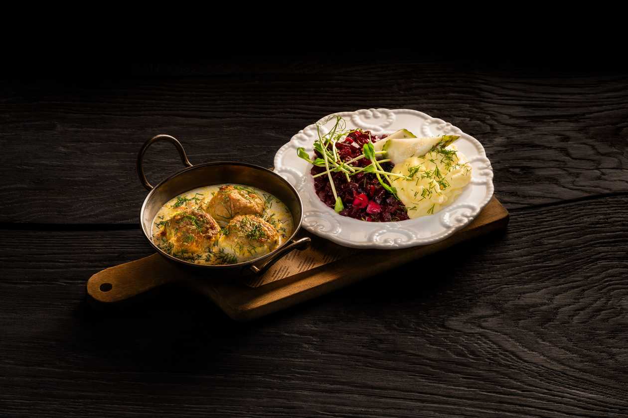 Turkey dumplings in root vegetable sauce