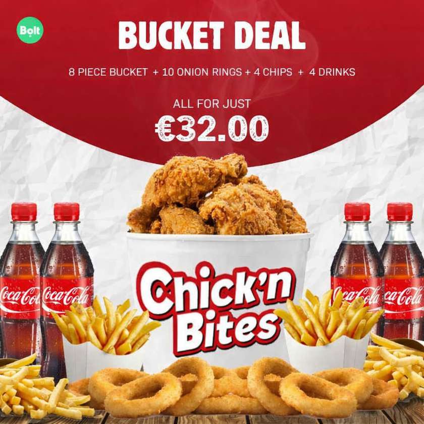 8 Piece Bucket + 10 Onion Rings + 4 Chips + 4 Drinks
