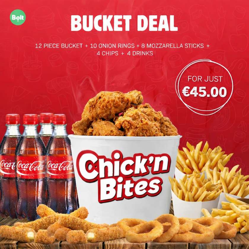 12 Piece Bucket + 10 Onion Rings + 8 Mozzarella Stick + 4 Chips + 4 Drinks